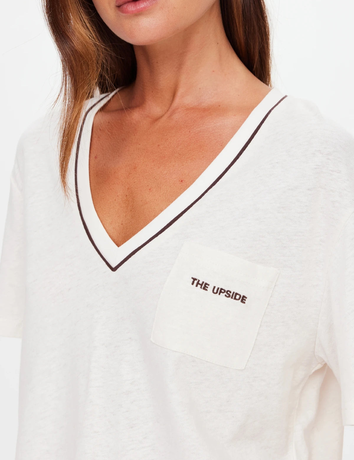 The Upside Elina v neck tee in coconut organic hemp cotton – Wild West Sisters close up on v neck