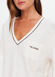 The Upside Elina v neck tee in coconut organic hemp cotton – Wild West Sisters close up on v neck