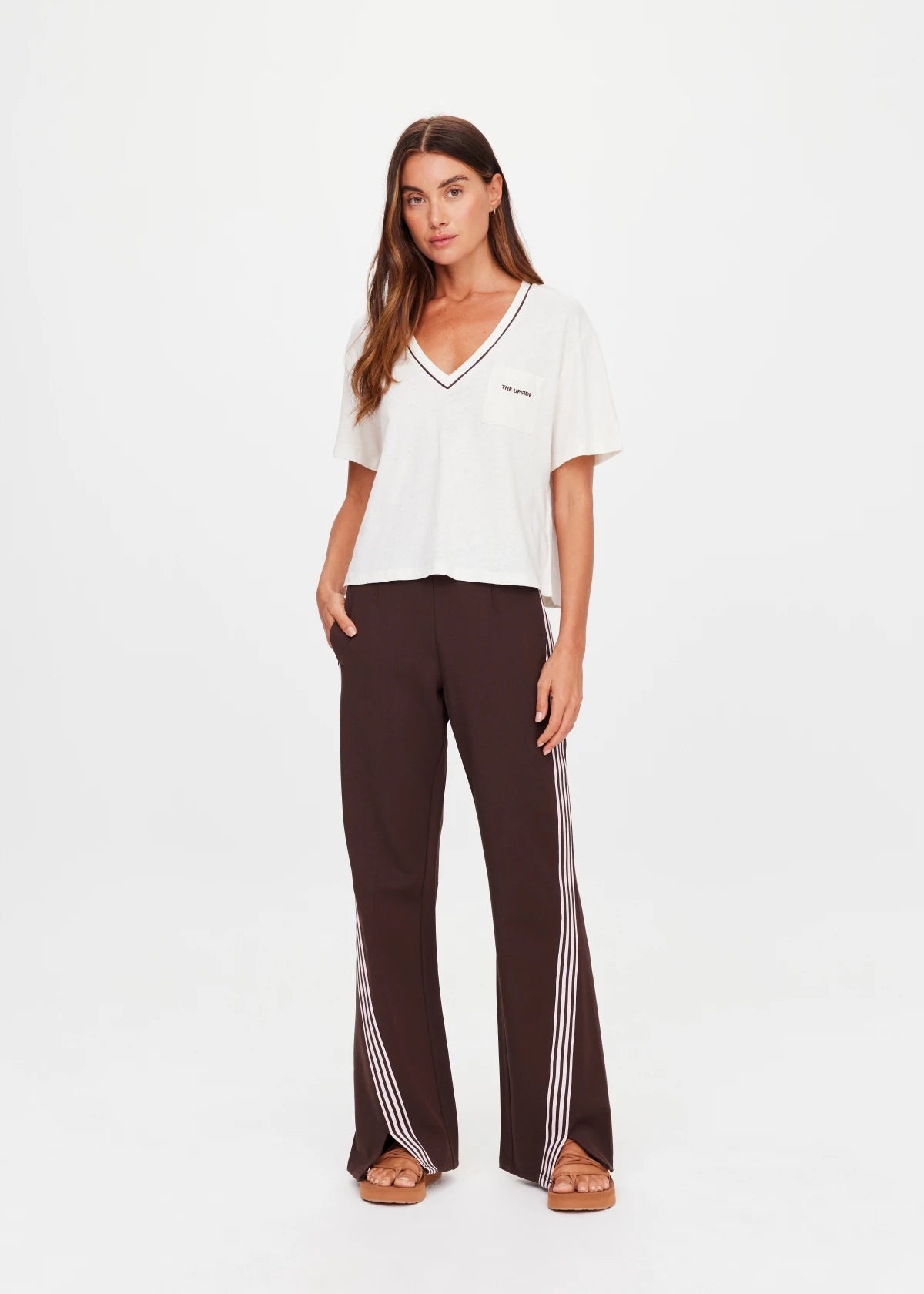 model wearing petra flare pant with The Upside Elina v neck tee in coconut organic hemp cotton – Wild West Sisters