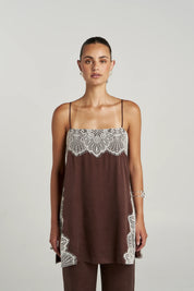 Summi Summi Florence Shift Top in Espresso, relaxed silhouette, front view
