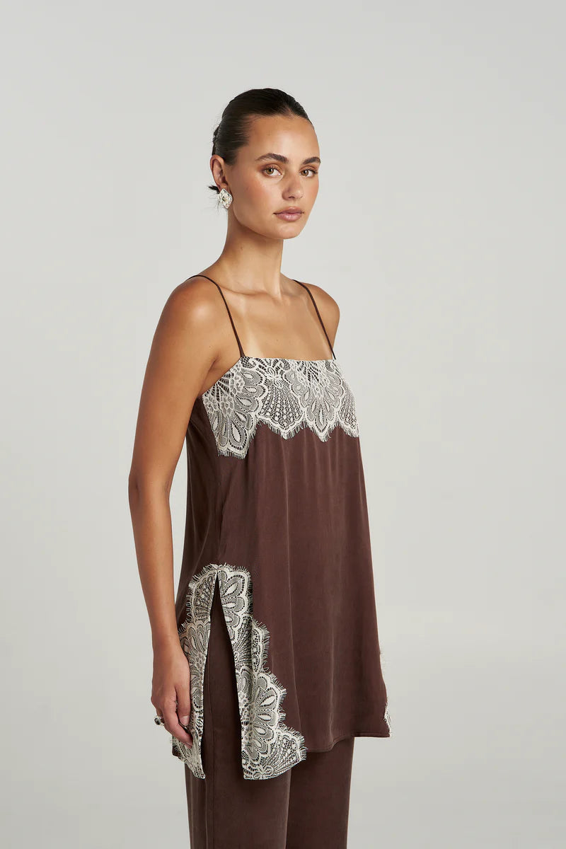 side view Close-up of cream lace trim detail on Summi Summi Florence shift top, Espresso