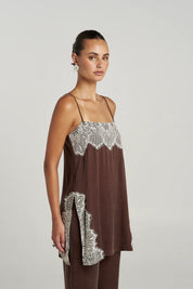 side view Close-up of cream lace trim detail on Summi Summi Florence shift top, Espresso