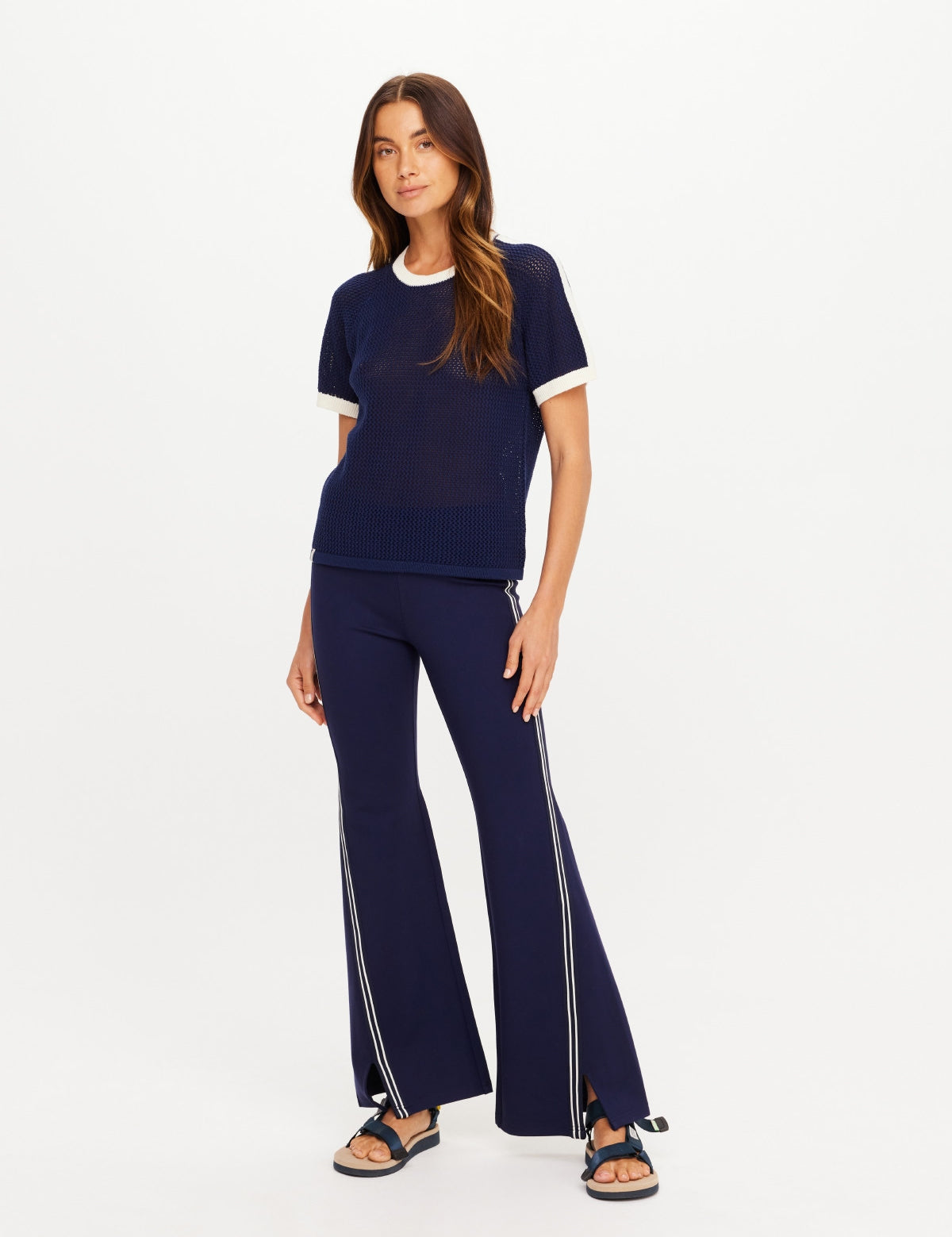 The Upside Fenway Jordan Knit Tee in navy with cream stripe sleeve detail set