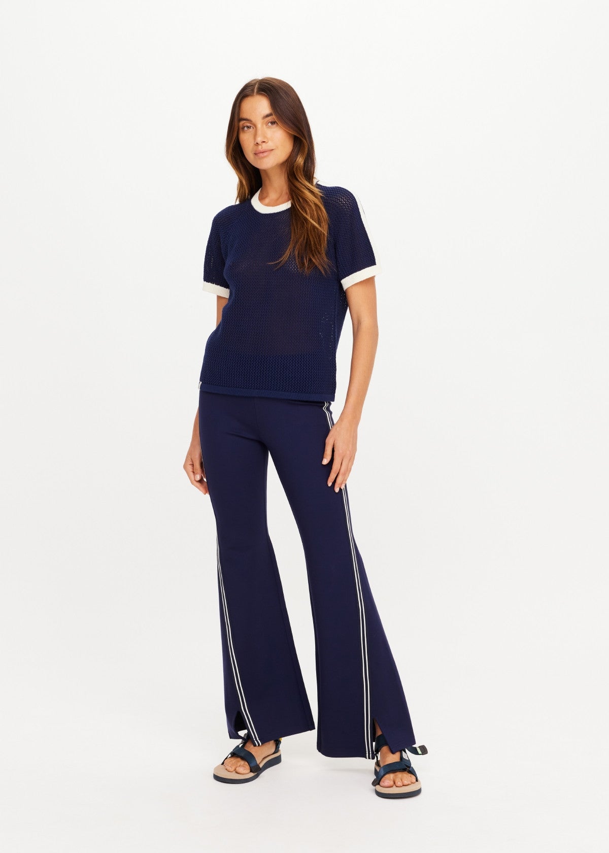 The Upside Fenway Jordan Knit Tee in navy with cream stripe sleeve detail set
