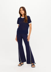 The Upside Fenway Jordan Knit Tee in navy with cream stripe sleeve detail set
