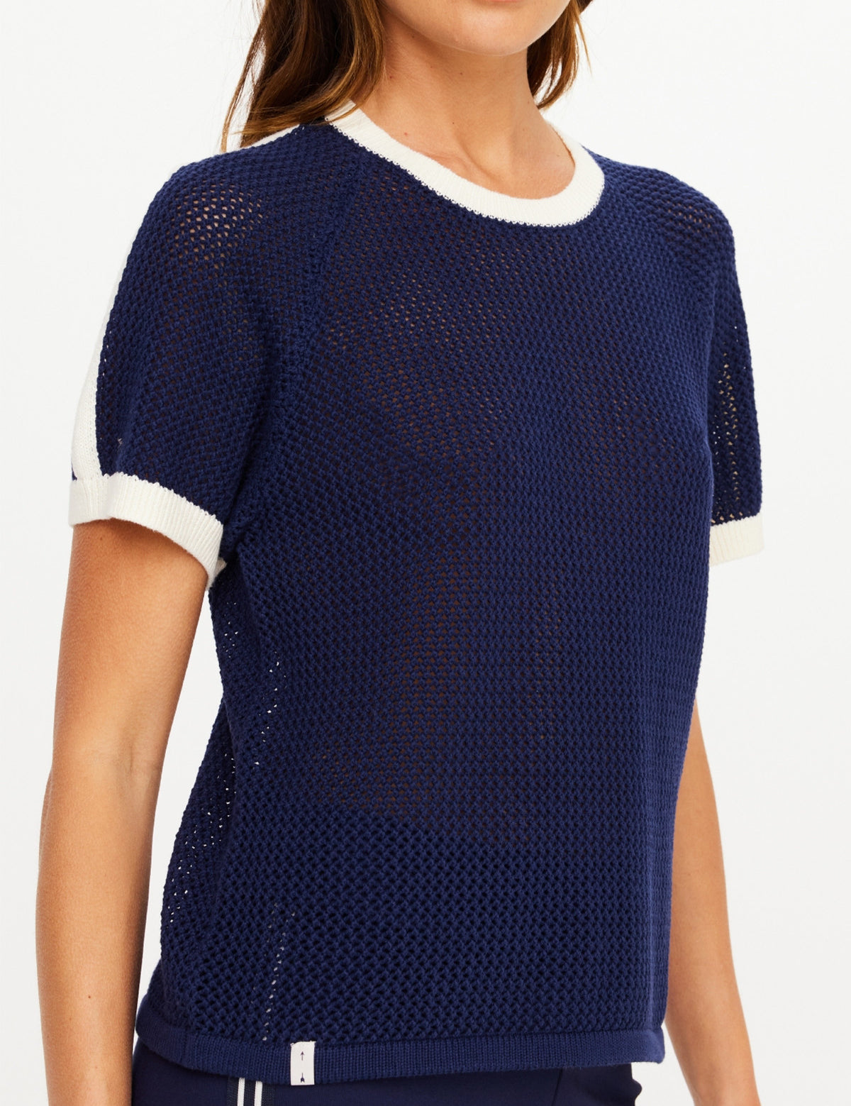 The Upside Fenway Jordan Knit Tee in navy with cream stripe sleeve detail