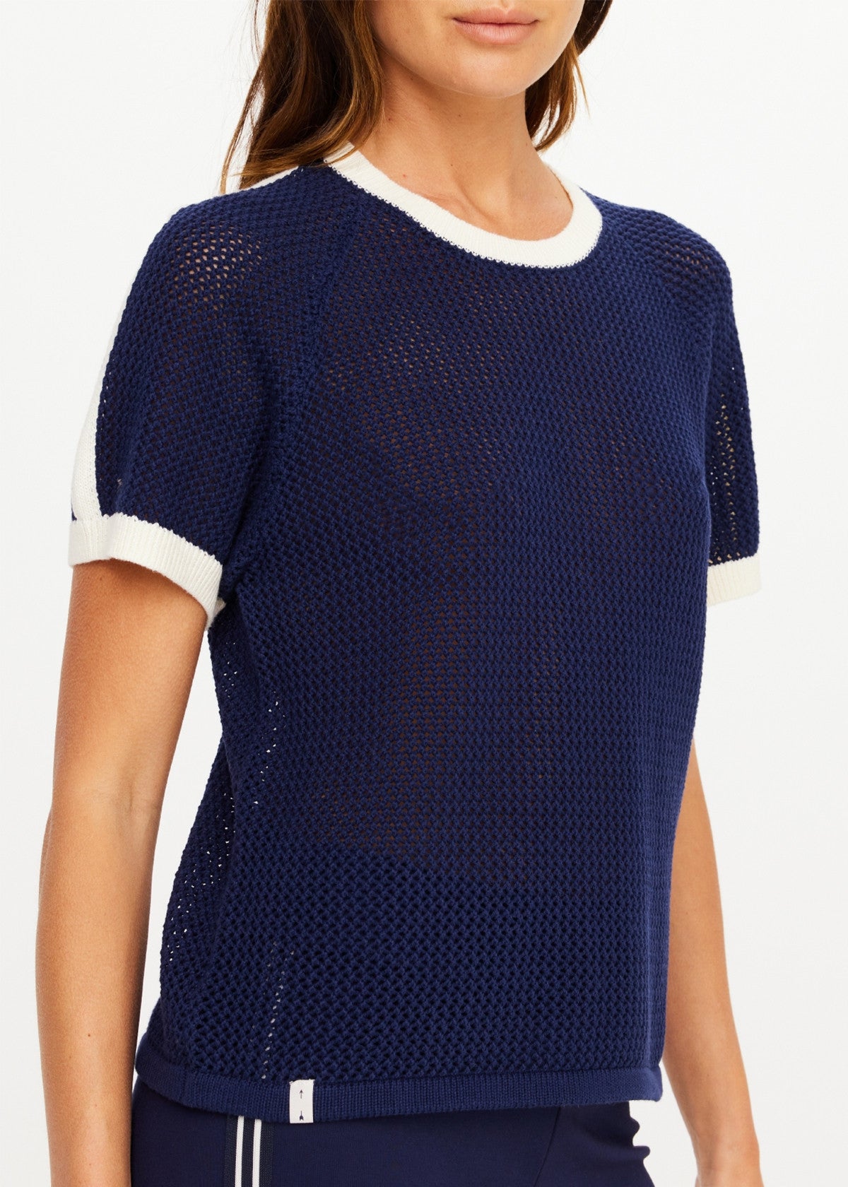 The Upside Fenway Jordan Knit Tee in navy with cream stripe sleeve detail