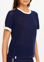 The Upside Fenway Jordan Knit Tee in navy with cream stripe sleeve detail