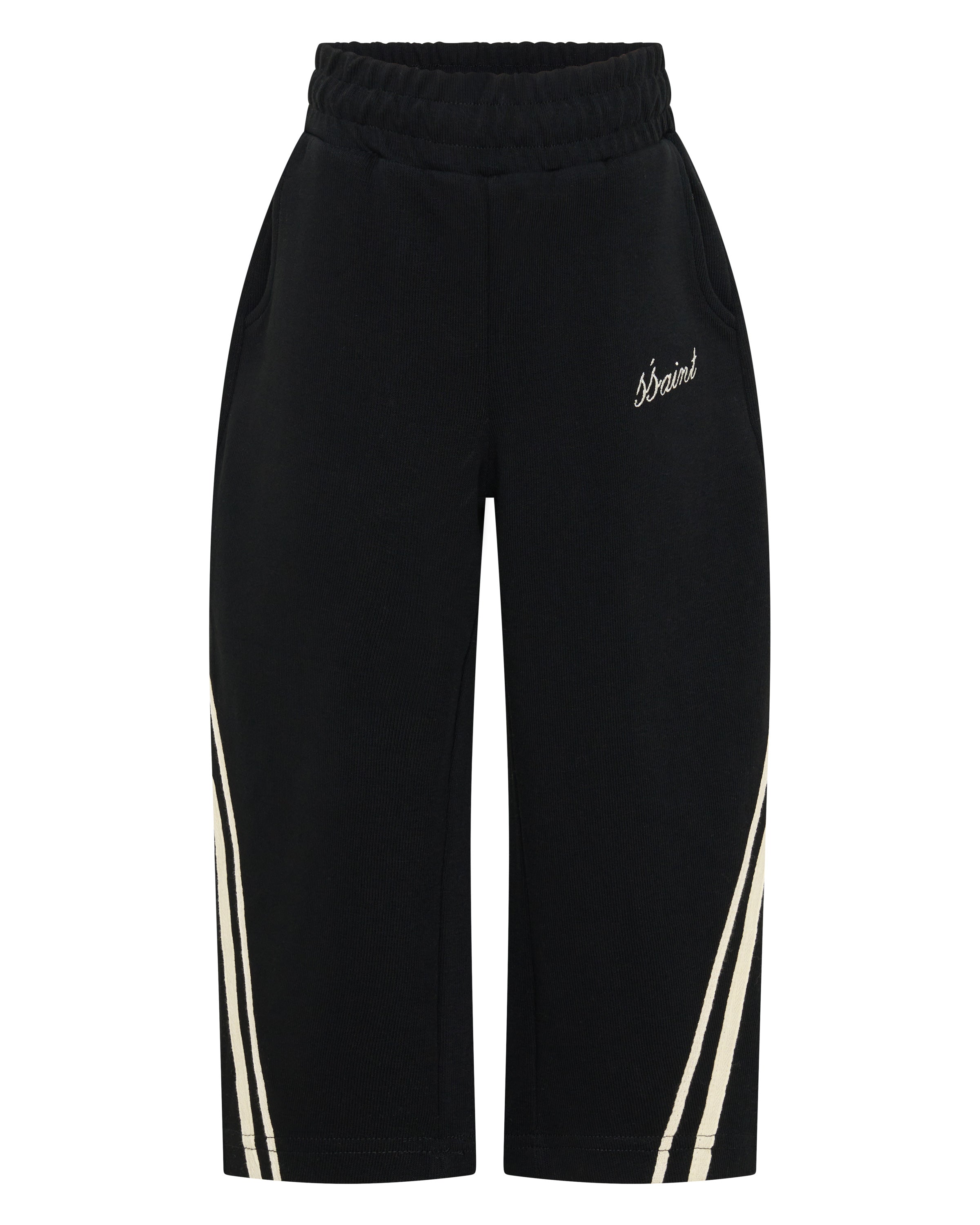 ŚSAINT Kids Barrel Trackpant in black with butter double stripe detail