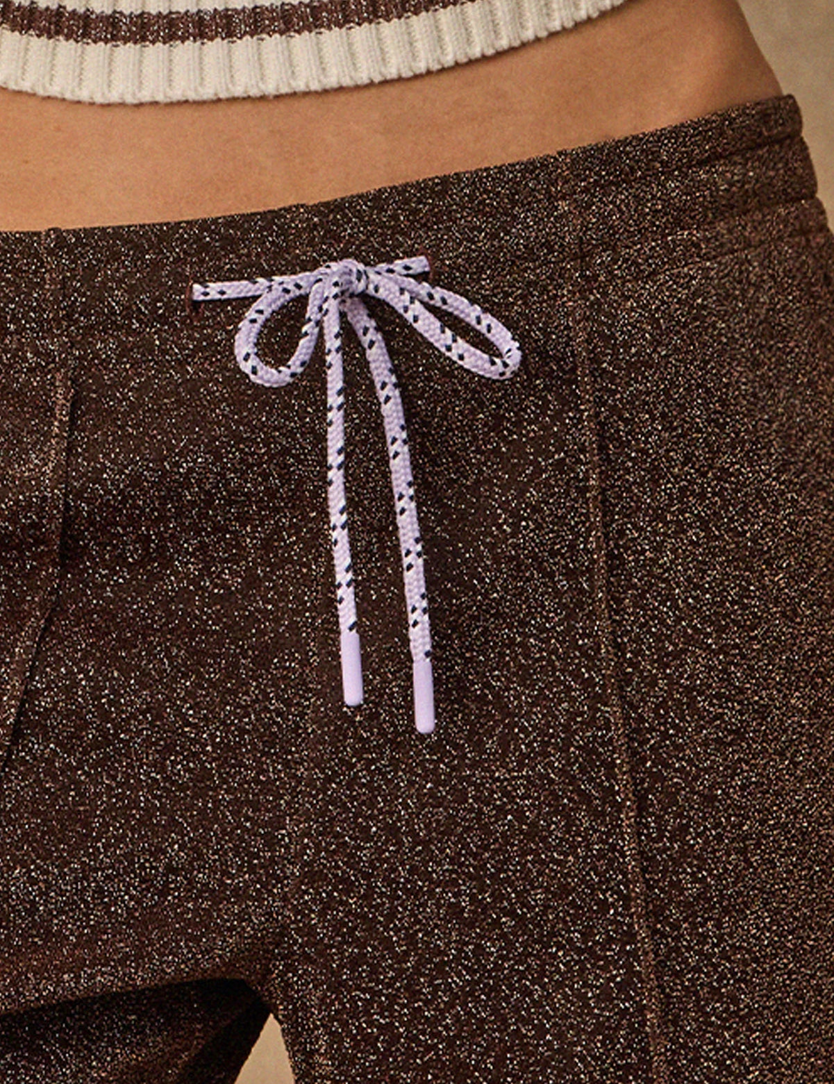 close up detail The Upside Galaxia Loretta wide leg pant in chocolate metallic sparkle – Wild West Sisters 