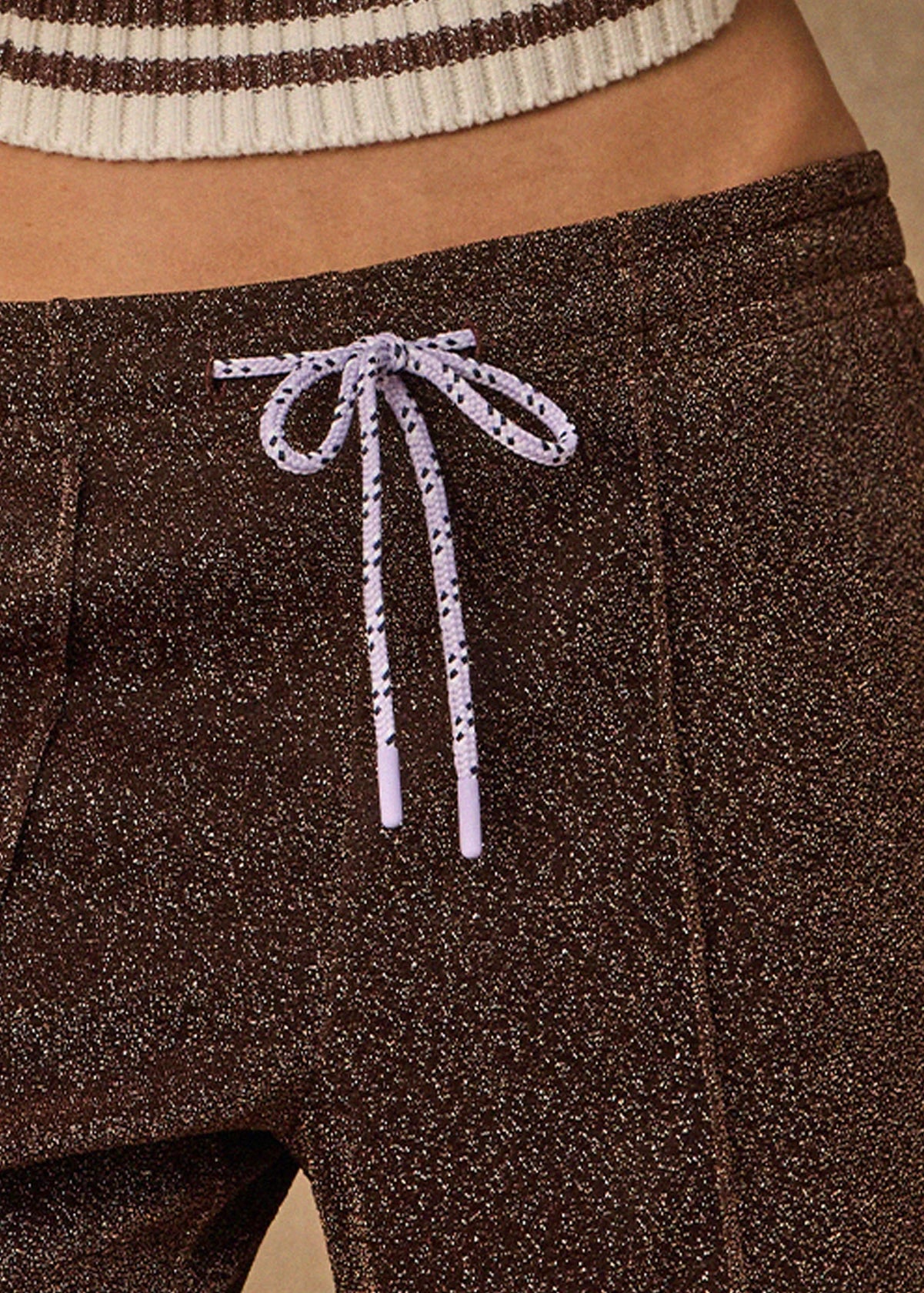 close up detail The Upside Galaxia Loretta wide leg pant in chocolate metallic sparkle – Wild West Sisters 