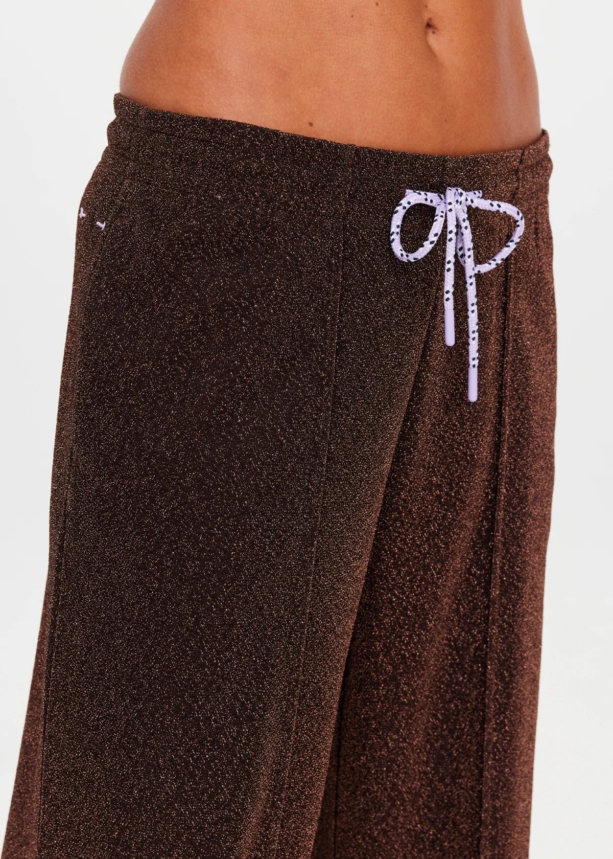 side detail The Upside Galaxia Loretta wide leg pant in chocolate metallic sparkle – Wild West Sisters