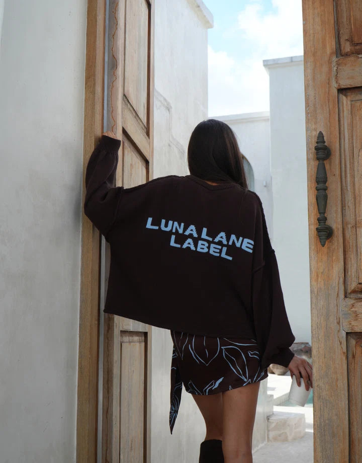 Luna Lane Juni Sweater in Chocolate – oversized relaxed knit sweater back view
