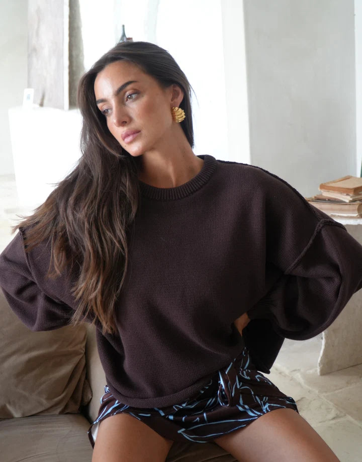 Luna Lane Juni Sweater in Chocolate – oversized relaxed knit sweater frontview