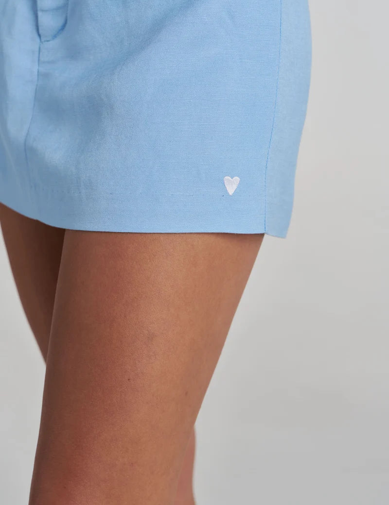 close up Close-up of the Summi Summi Skort in Ocean, 54% Tencel 46% cotton twill