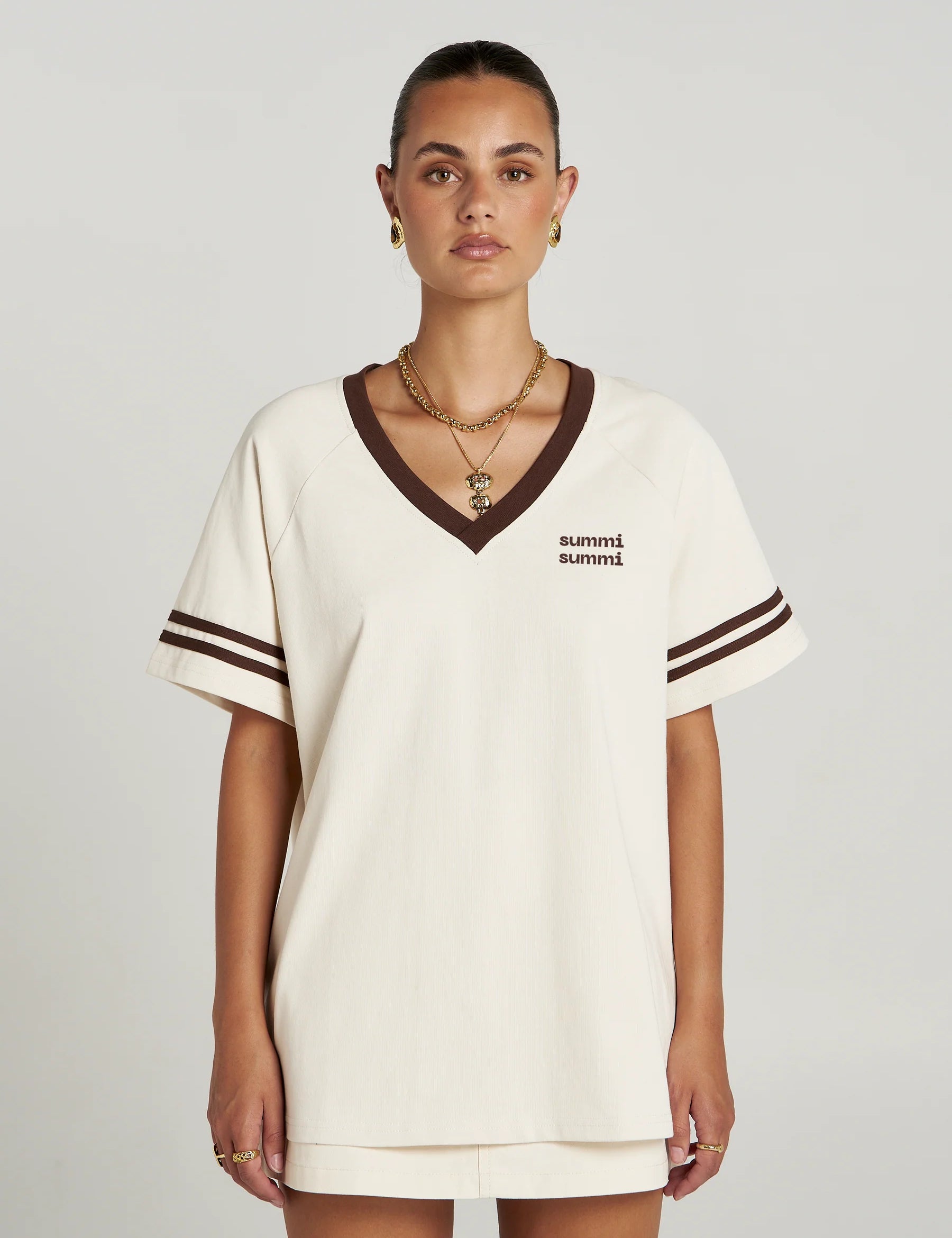 Summi Summi Reverie V Neck in Vanilla and Espresso, oversized fit, front view