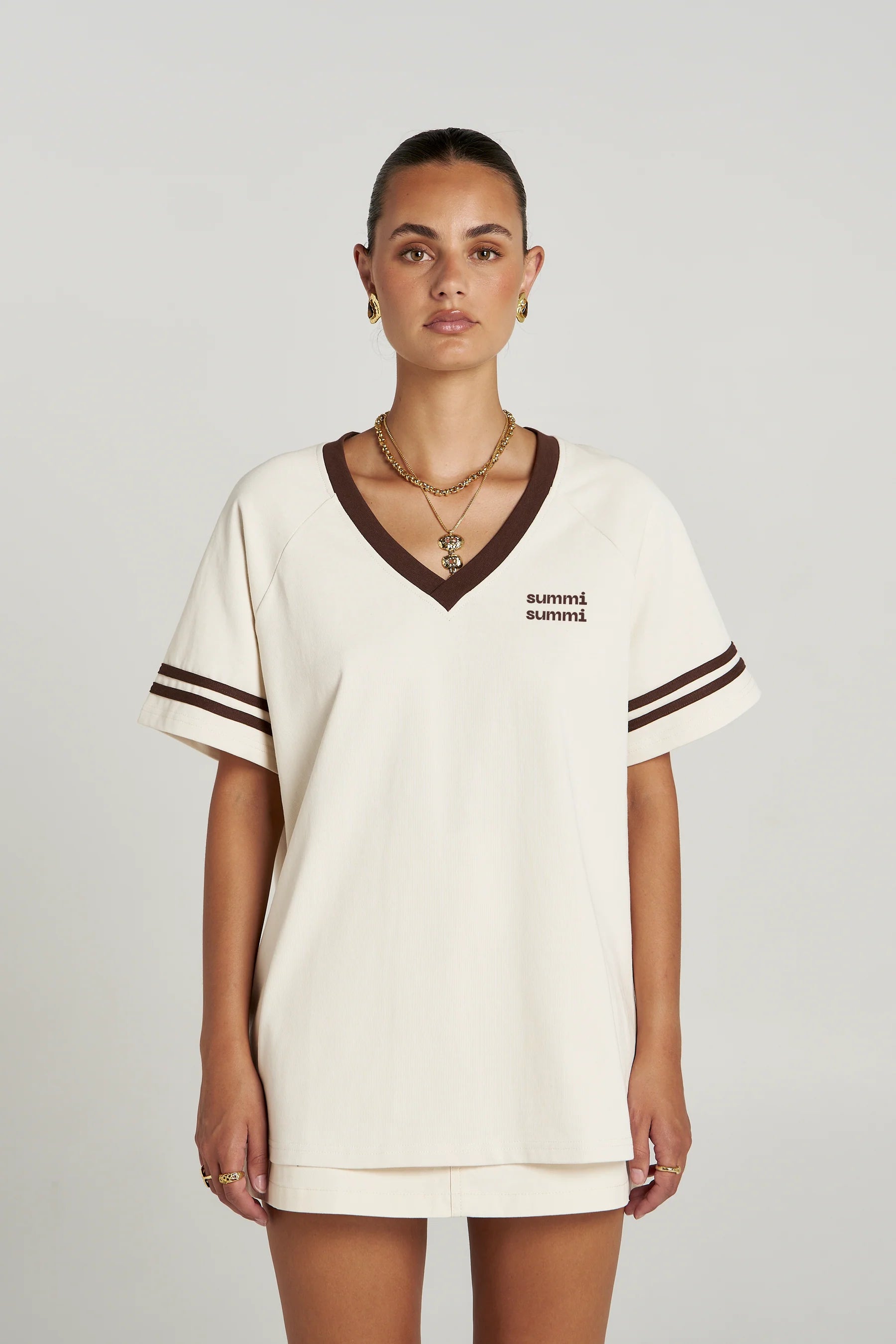 Summi Summi Reverie V Neck in Vanilla and Espresso, oversized fit, 100% cotton