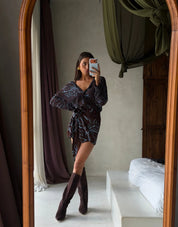 model shot Luna Lane Lou Wrap Skirt in After the Tide print – satin crepe wrap skirt and romy shirt 