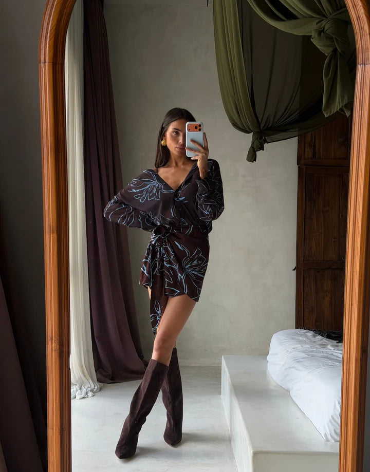 model shot Luna Lane Lou Wrap Skirt in After the Tide print – satin crepe wrap skirt and romy shirt 
