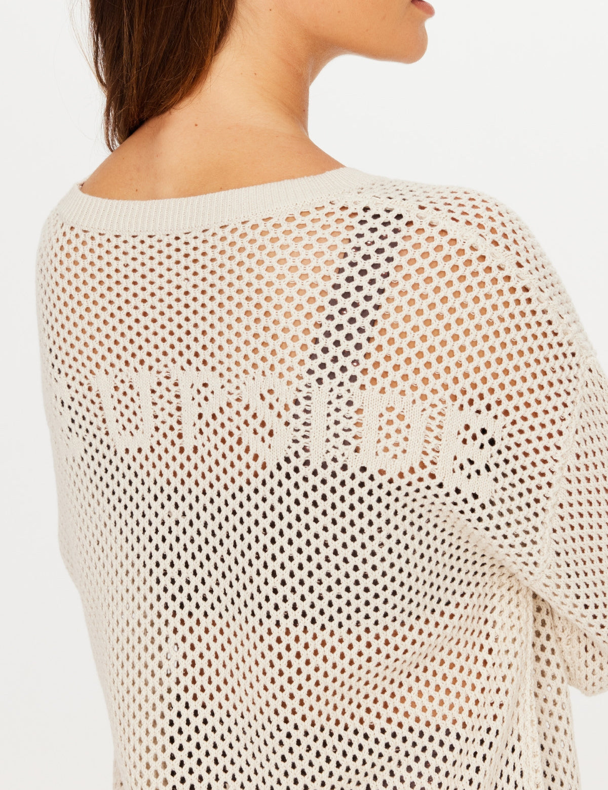 The Upside Sebastian Knit Crew in Cream – organic cotton open knit sweater, close up