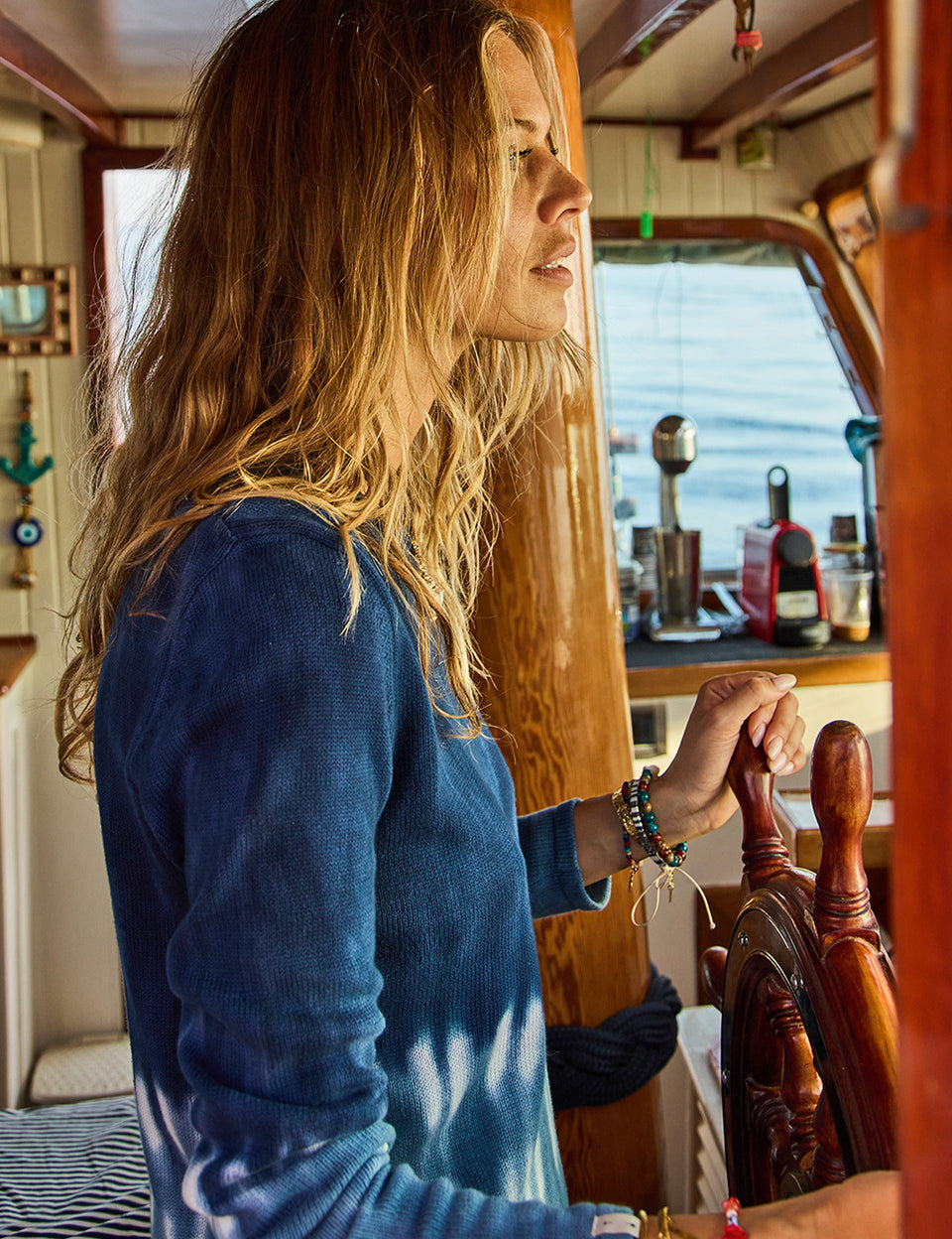 Close up blue tie dye pattern organic cotton knit The Upside