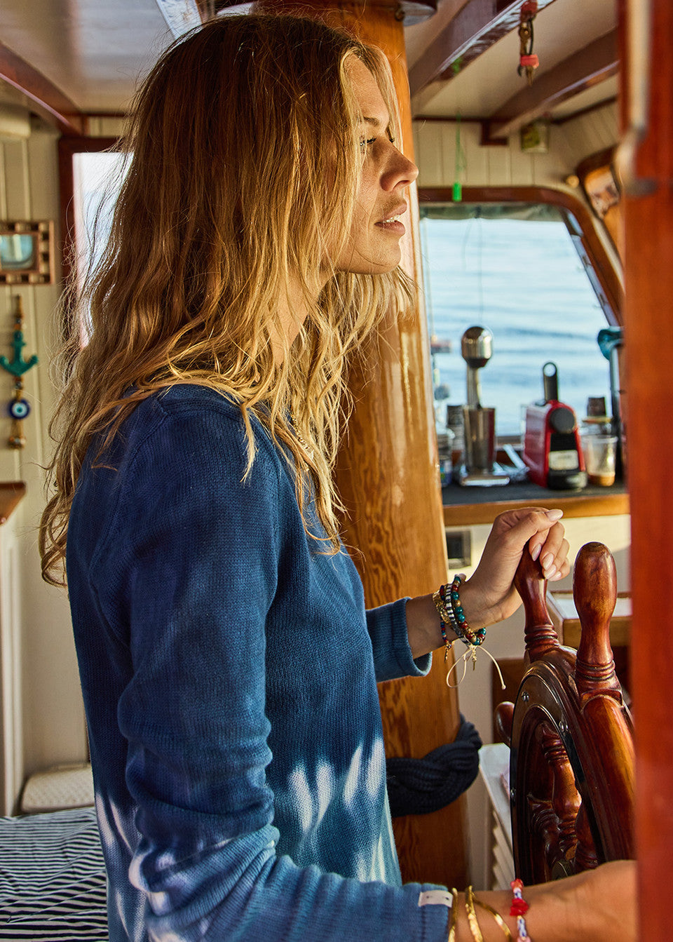 Close up blue tie dye pattern organic cotton knit The Upside