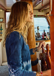 Close up blue tie dye pattern organic cotton knit The Upside