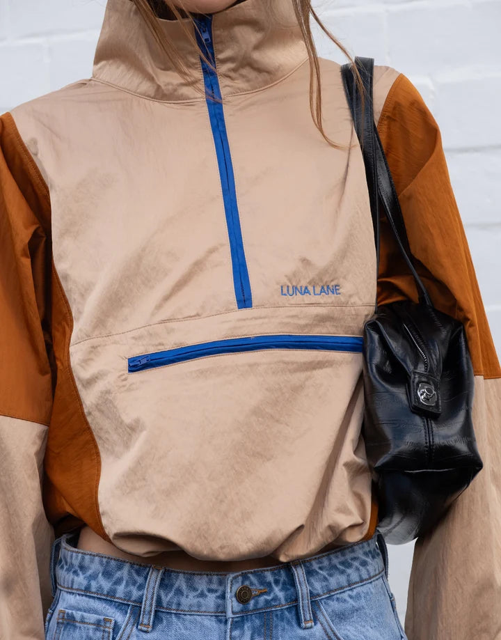 Luna Lane Tan Rust Courtside Anorak oversized sporty jacket close up - Wild West Sisters
