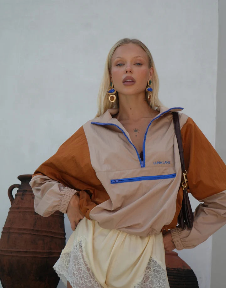 Luna Lane Tan Rust Courtside Anorak oversized sporty jacket - Wild West Sisters with lace shorts