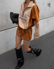 Luna Lane Tan Rust Courtside Anorak oversized sporty jacket - Wild West Sisters with back boots