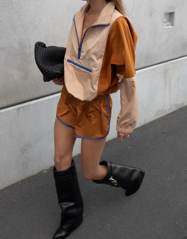 Luna Lane Tan Rust Courtside Anorak oversized sporty jacket - Wild West Sisters with back boots