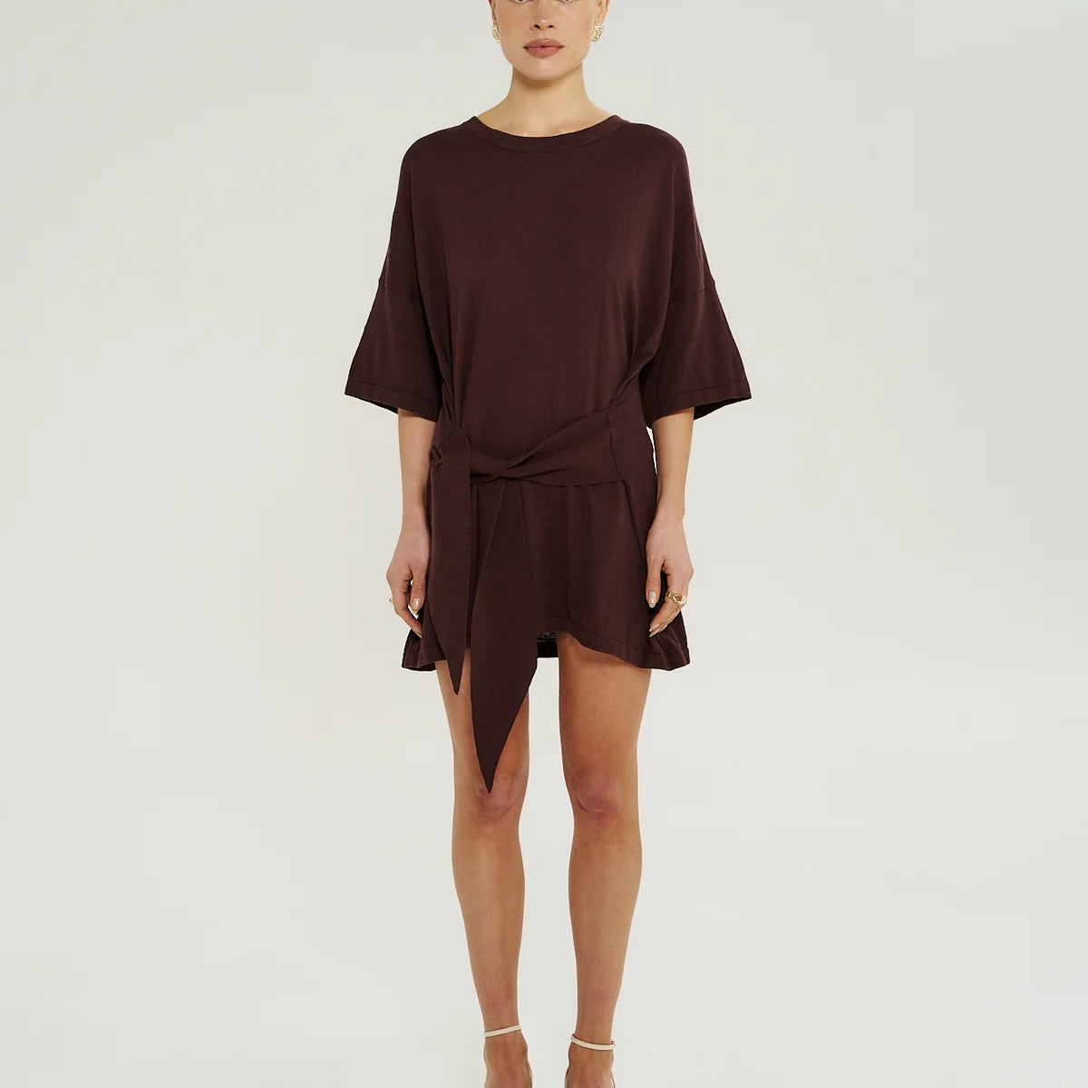 Summi Summi Knit Tie Front Dress in Chocolat, mini cotton knit dress with adjustable wrap tie and mid neckline.”