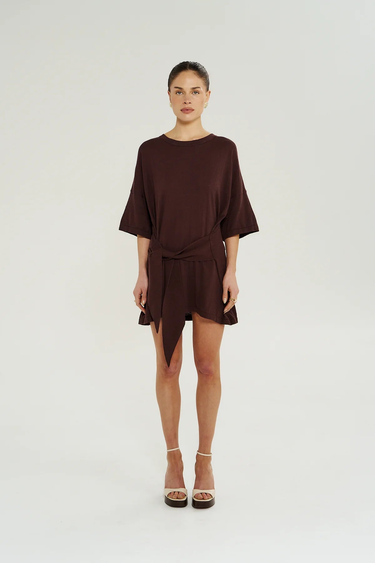 Summi Summi Knit Tie Front Dress in Chocolat, mini cotton knit dress with adjustable wrap tie and mid neckline.”