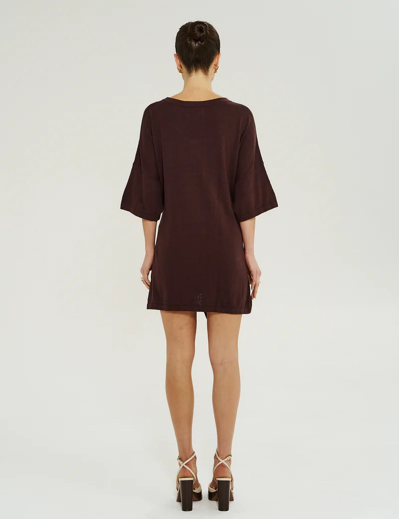 Back view of Summi Summi Knit Tie Front Dress in Chocolat with adjustable tie detail at back