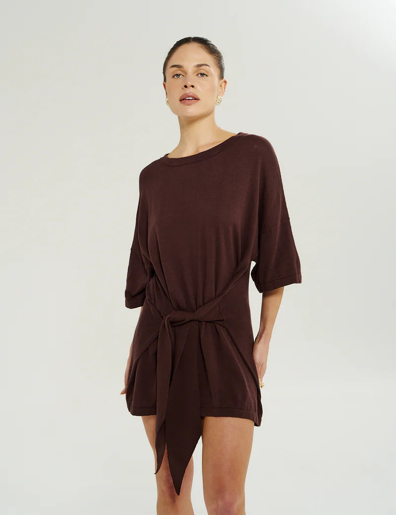 Summi Summi Knit Tie Front Dress in Chocolat, mini cotton knit dress with adjustable wrap tie and high neckline