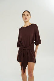 Summi Summi Knit Tie Front Dress in Chocolat, mini cotton knit dress with adjustable wrap tie and high neckline
